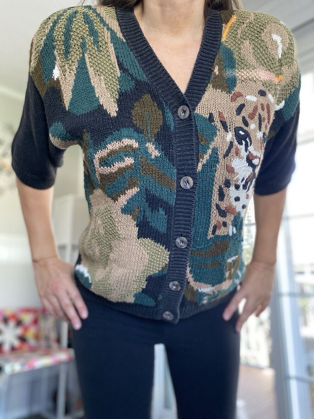 CHAUS short sleeved cardigan green Gray tiger print Cotton Blend S